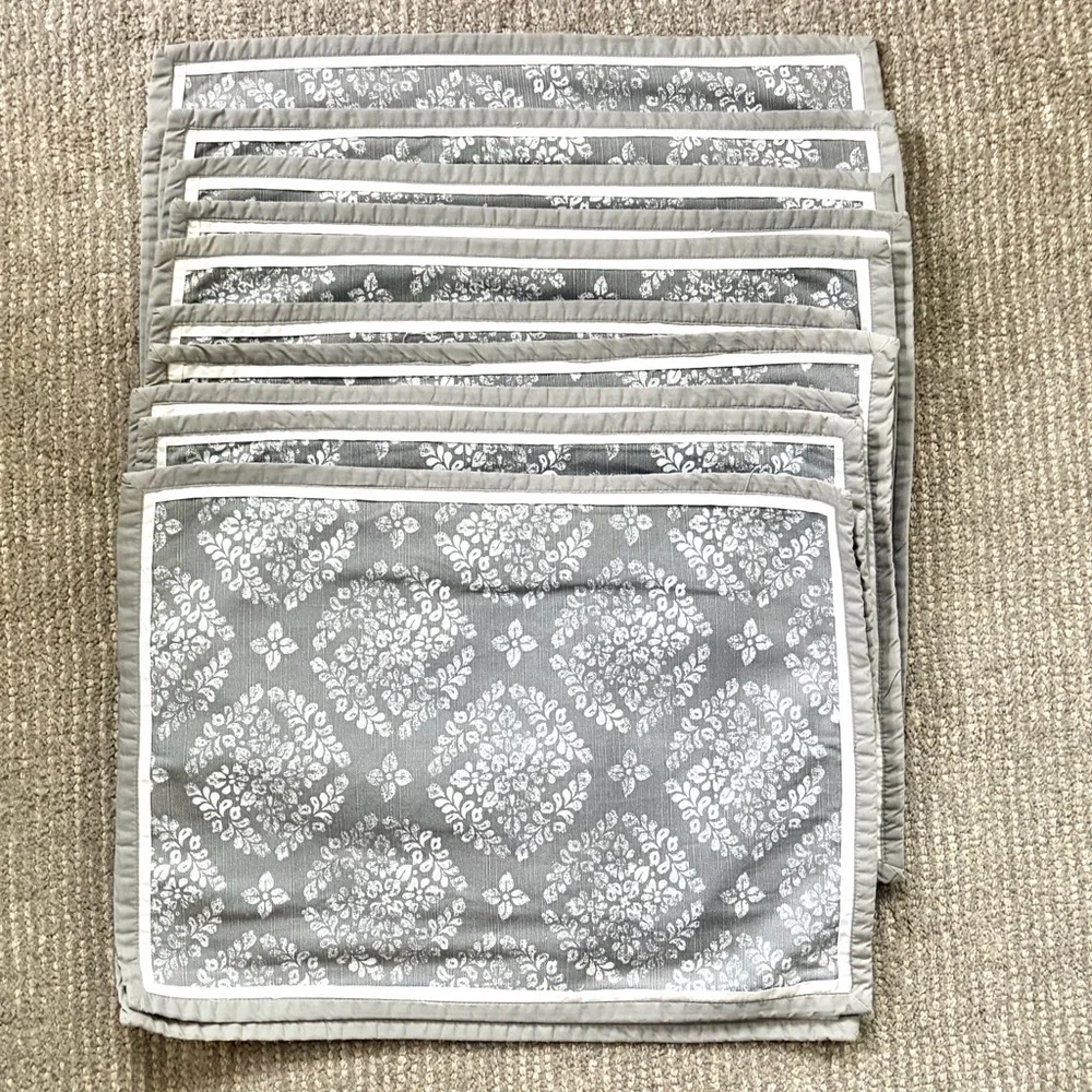 Gray Floral Damask Pattern Cotton Placemats - Set of 12